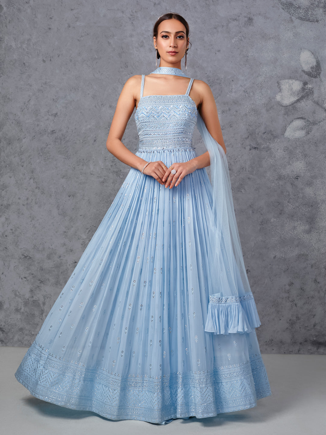 Blue Colour Pure Soft Fox Georgette fully Flair Gown – WOMLINE